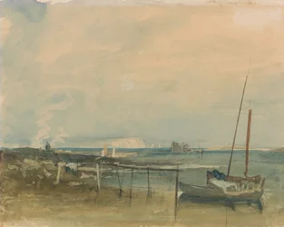 Scène côtière avec falaises blanches et bateaux sur le rivage